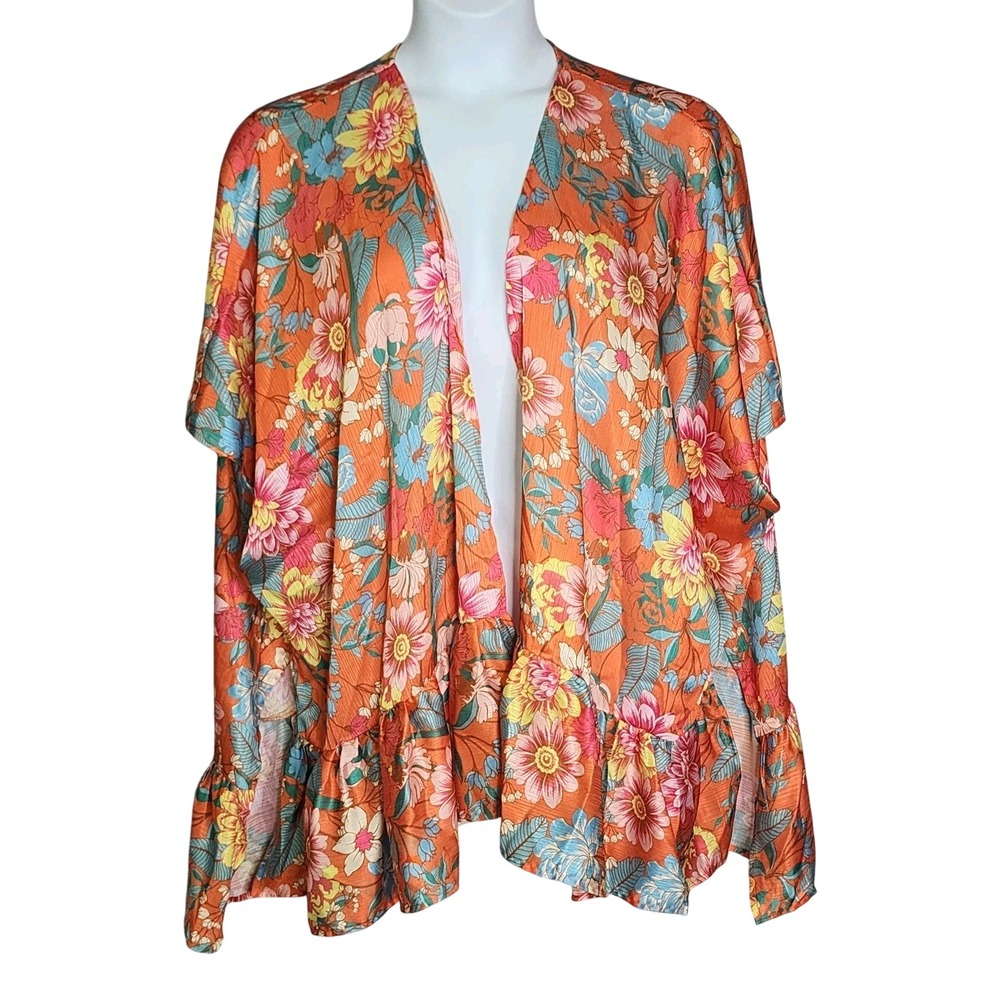 Umgee Floral Print Ruffle Sleeve Kimono Women M/L Orange Boho Cardigan Tropical